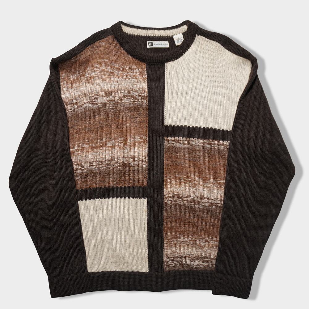 Bachrach Colorblock Abstract Knit Sweater Brown and Tan Wool Blend –‎ Men's L